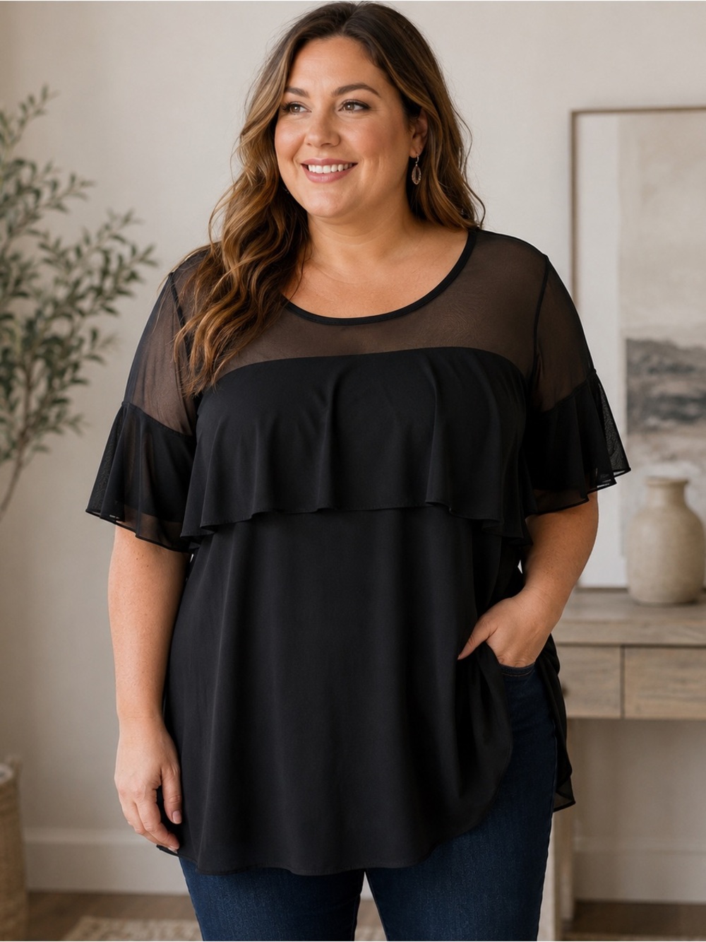 Moa Moa Women’s 1X Black Sheer Ruffle Tunic Top Scoop Neck Plus Size